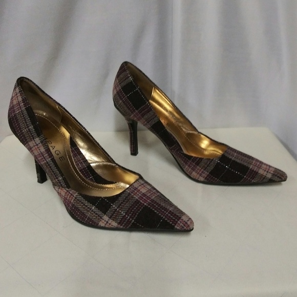 Rampage Maria Brown Plaid Fabric Upper Pointed Toe Slip On High Heel Shoe - Picture 2 of 8